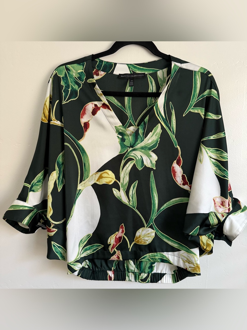 White House Black Market Dark Green Botanical V-Neck Blouse